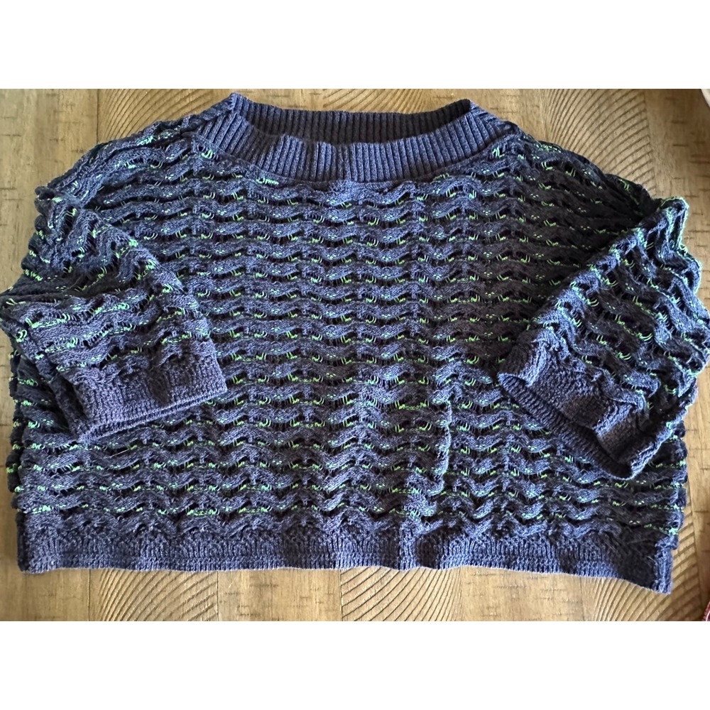 Maeve Anthropologie‎ Navy & Lime Green Open Knit Cropped Sweater - Size S - Picture 2 of 4